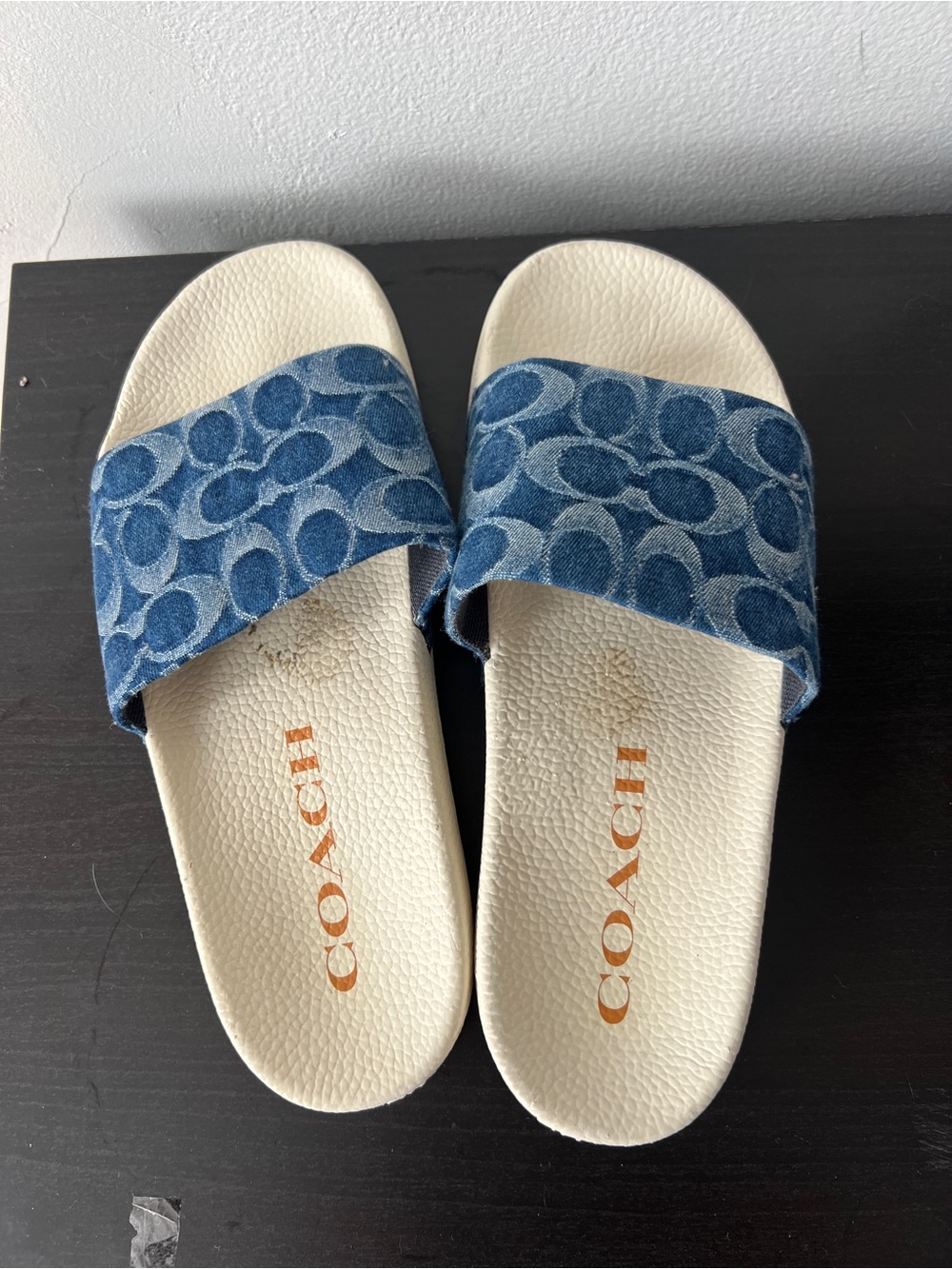 COACH Men Denim Logo Slide Sandals in Blue and Cream